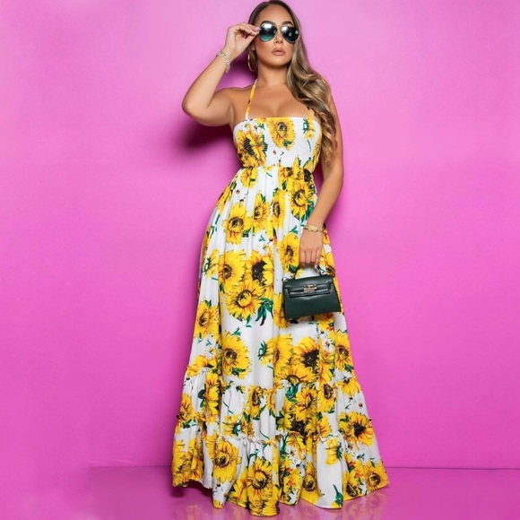 Sunflower Open Back Maxi Dress Sleeveless Sundress - Picture 4 of 8